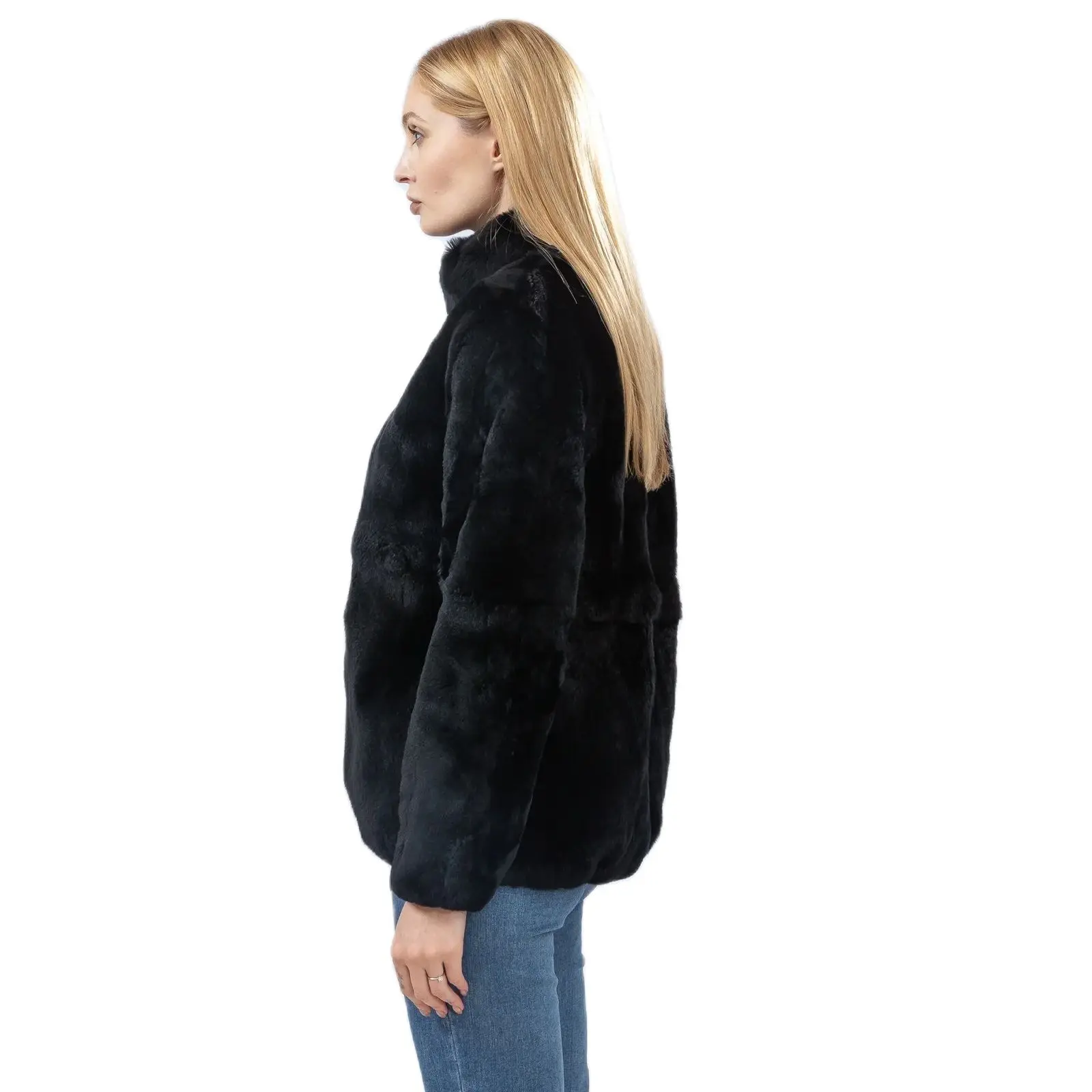 Chaqueta de piel completa de conejo Rex Natural para mujer, abrigo de invierno peludo, chaqueta cálida y esponjosa, Color negro, chaquetas clásicas, B230618