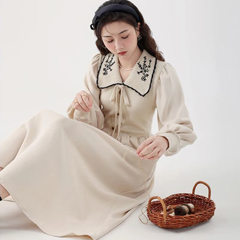 Peter Pan Collar Knitted Embroidery Preppy Style Dresses Bow Lace-up Button Dresses 2023 Women's Slim Waist A-line Long Dresses