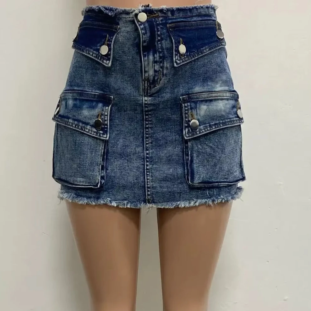 Denim Skirt Women Vintage Frayed Tassels High Waist Streetwear 2025 Mom Jeans Bodycon Multiple Pockets Female Sexy Mini Skirts