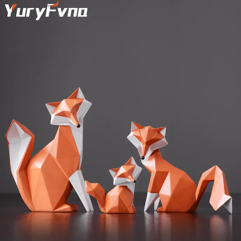 YuryFvna Orange Fox Statue Abstract Geometric Collectible Figurine Animal Home Office Decoration Gift Crafts