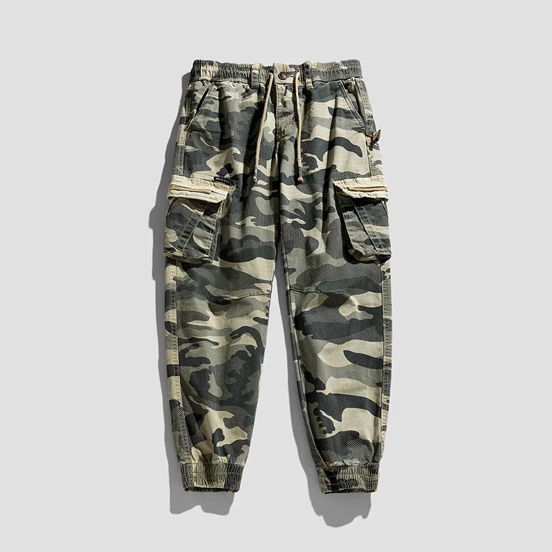 New Fashion Men Trendy Style Camouflage Tapered Pants Multi Pockets Cargo Pants Quality Cotton Elastic Waist Tooling Trousers 38