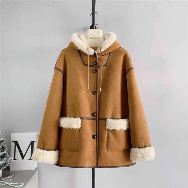 Real Wool Hooded Motocyle Coats Women Winter New Single Breasted Doubled-Faced Fur Overcoats Fashion Thick Warm Fur Jackets Tops