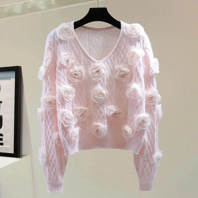 3D Flower-encrusted Diamond Long-sleeved V-neck Top 2024 Autumn New Fairycore Loose Solid Color Winter Outfit Sweater Pullovers