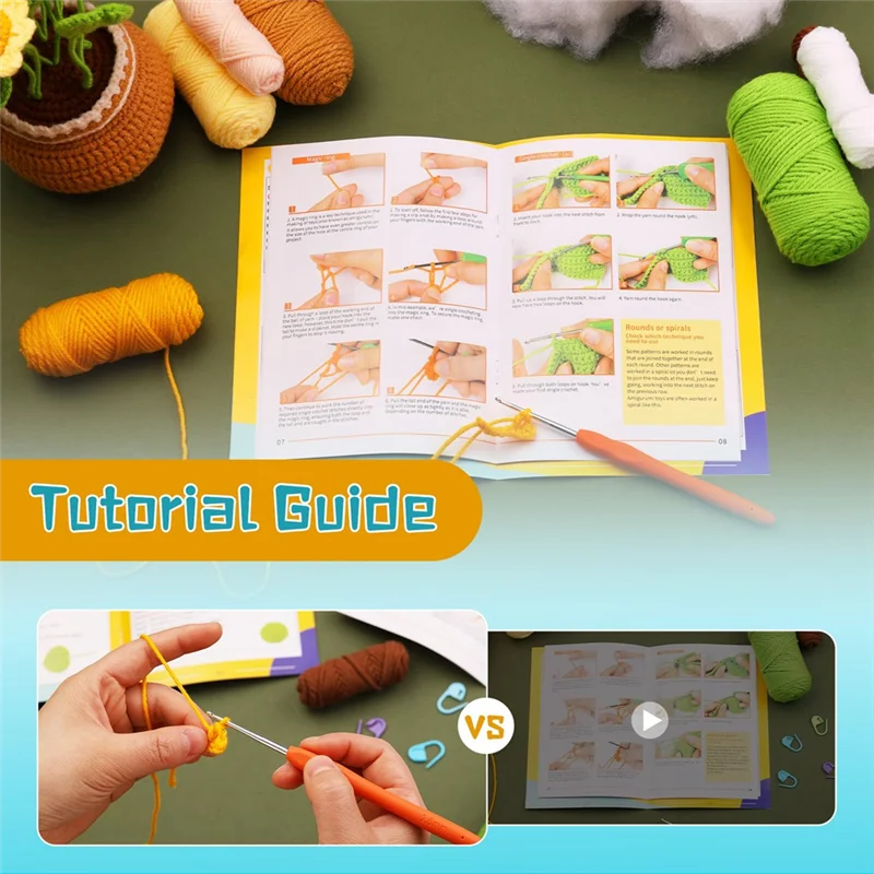 A59E-مجموعات كروشيه كاملة كما هو موضح من الأكريليك لتقوم بها بنفسك مجموعة كروشيه عباد الشمس مع علامات الحياكة كرة غزل سهلة، تعليم للمبتدئين