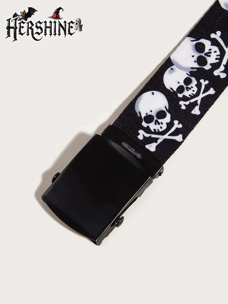 HERSHINE 1 قطعة حزام شريطي مطبوع على شكل جمجمة الهالوين نمط محايد للجنسين Y2K نمط داكن إكسسوارات الهالوين على طراز فاسق