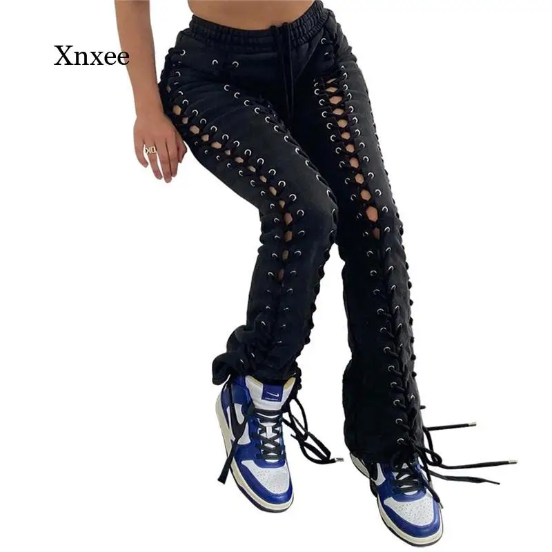 

High Street Fashion Women High Waist Lace-Up Pants Sexy Eyelet Drawstring Hollow Out Trousers Club Party Wear 2022 Spring Autumn