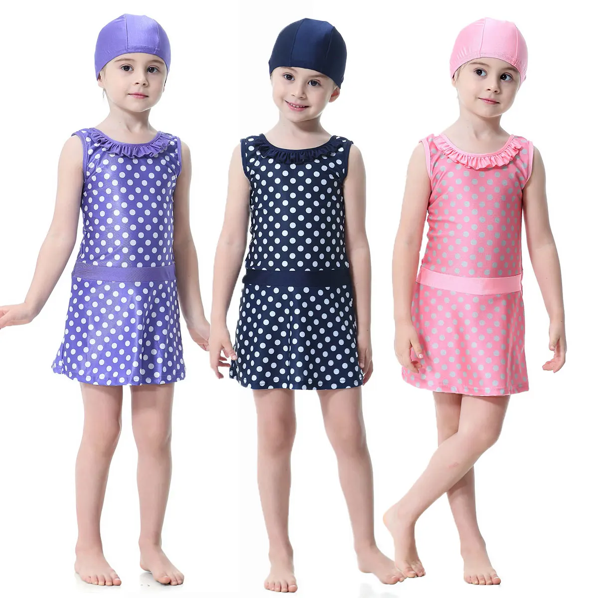 

One-piece Fashion Short Style Muslim Swimwear Dress for Girls Baby Children Teens 1-16Y Polka Dots Quick Dry Pink Purple Blue