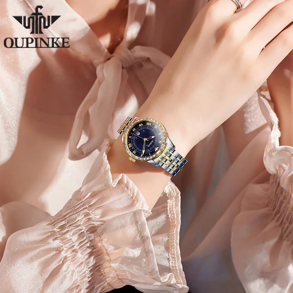 OUPINKE 3203 Elegant Women's Watch Starry Luminous Dial Automatic Mechanical Watch Women's Set Gift Box