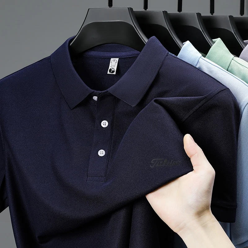 Business Casual Herren Neues Kurzarm-Poloshirt mit Kragen und Knöpfen, Einfarbig mit Schriftzug, Bequemes Atmungsaktives Herren-T-Shirt – Detail 20