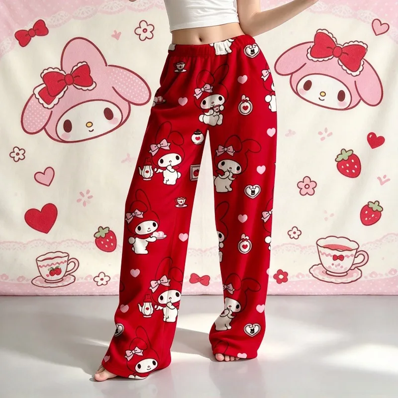 My Melody Tea Party Heart All Over Print Pajama Pants Women Flannel Wide Leg Trousers Cute Sanrio Kawaii Casual Home Lounge Wear
