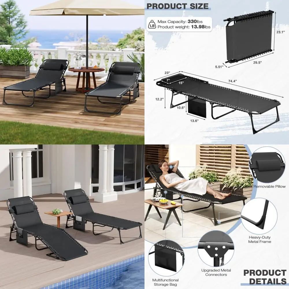 

Portable Patio Sun Tanning Chairs Set of 2, Reclining Back Lounge Chairs for Poolside Relaxation