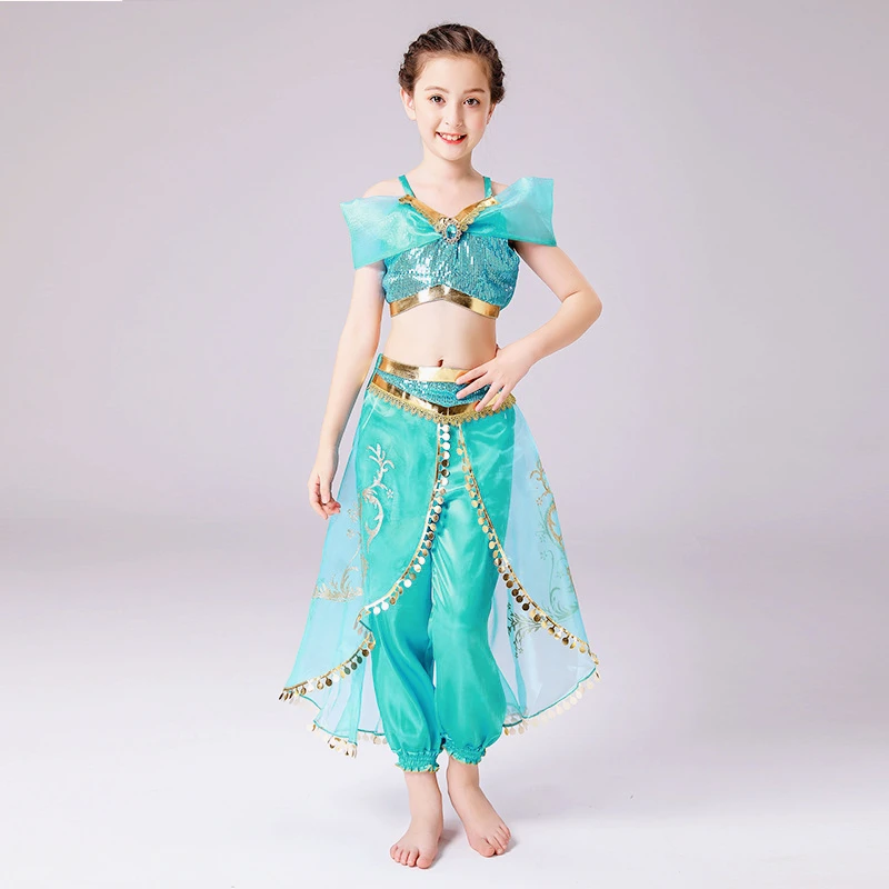 Disney Aladin and The Magic Lamp Jasmine Princess Dress Kawaii Party Carnival Cosplay Aladdin Agic Lamp Girls Costume Wig Sets