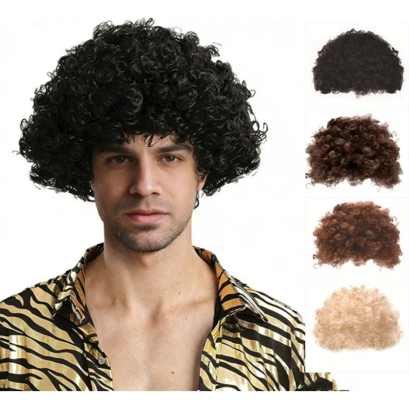 Men Women Synthetic Wigs Fluffy Curly Short Hair Cap Halloween Cosplay Party Headcover Props Disco Hippie Rock Dance Hair Wigs