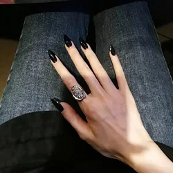 24pcs Pure Black Fake Nails Almond Fashion Charm Manicure Reusable False Nails For Spicy Girls Wearable Press On Nail Patch