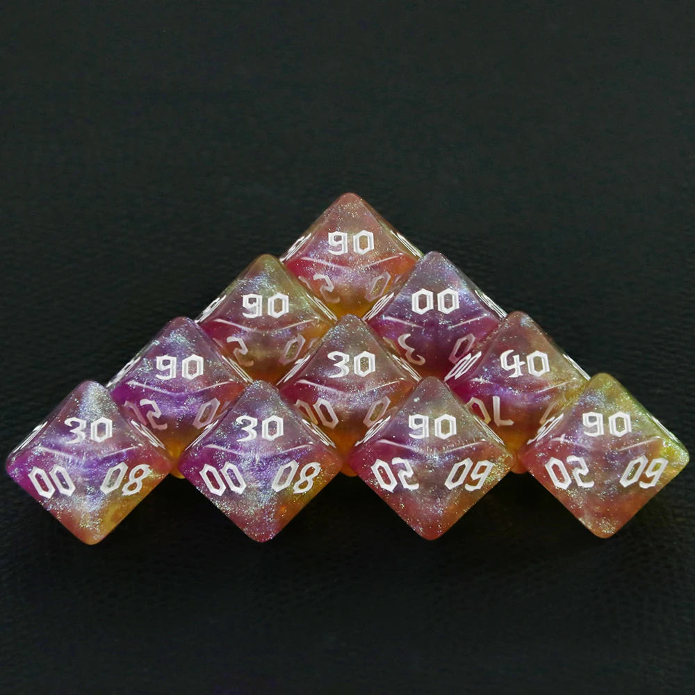 Polyhedral D10(00-90) Dice 10pcs 10 Sided Double Color with Glitter Dice for Role Playing Game D&D Boardgame Dice Set