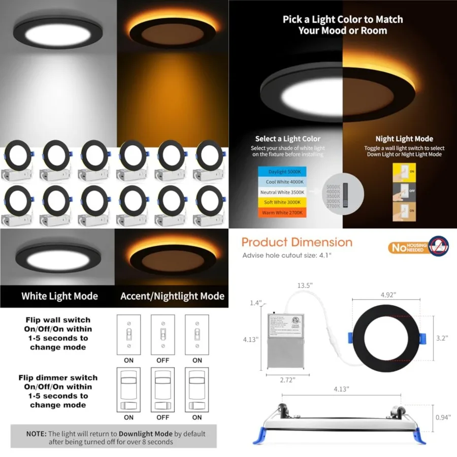 

12 Pack 5CCT LED Recessed Ceiling Light with Night Light, 2700K/3000K/3500K/000K/5000K Selectable Ultra-Th Lightg, 9W=75W, 750L