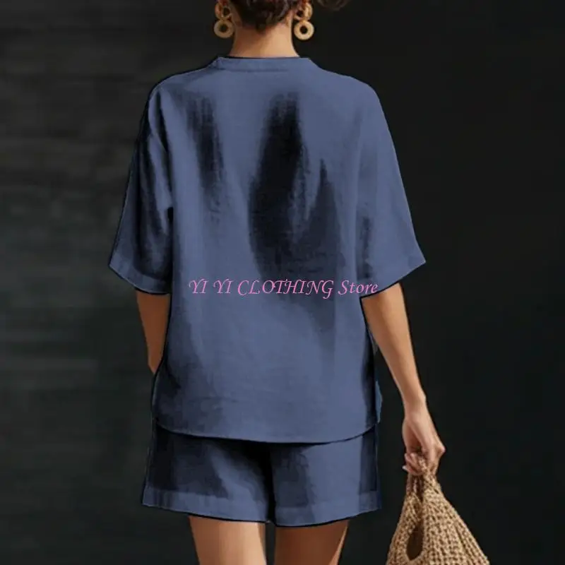 N5KF Women's two-piece linen shorts set, vacation , V-neck short-sleeved beachwear, loose button-down cotton pajamas