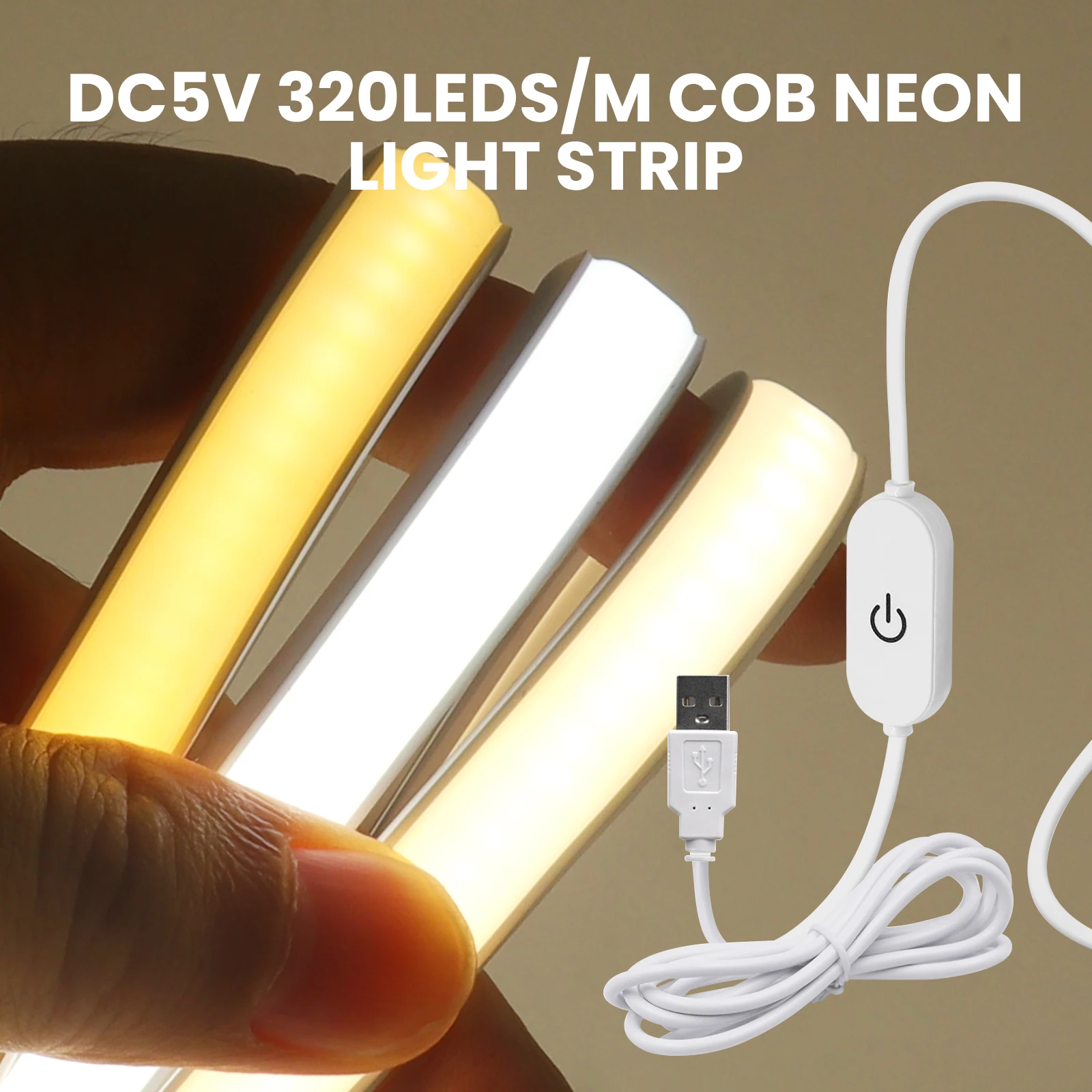 Dimmable 5V USB COB LED Strip Flexible LED Tape 320LEDs/M Waterproof Neon Light LED Ribbon Rope Light for Home Decoration