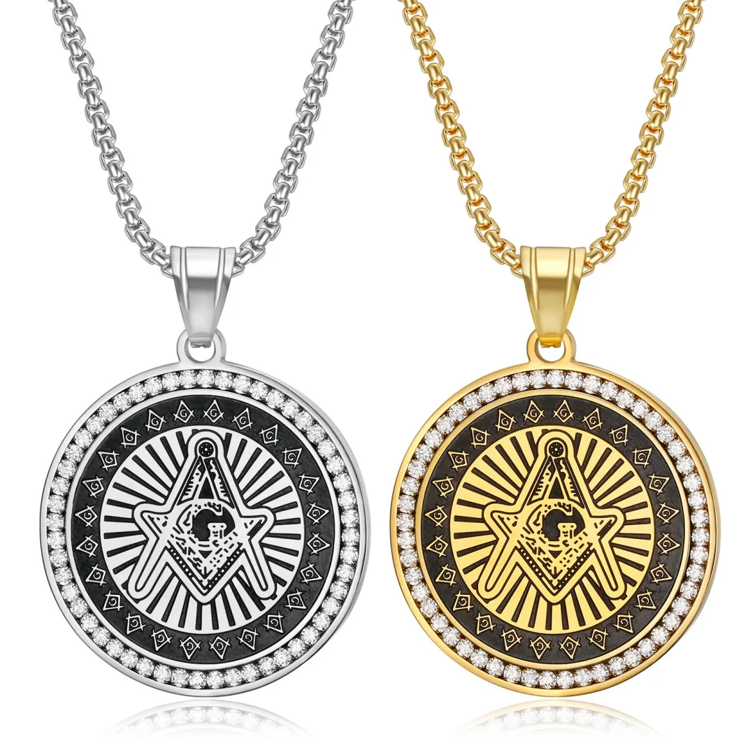Punk Mystic Masonic Symbol Pendant Gold Silver Color Stainless Steel Zirconia Round Necklace for Woman Man Master Mason Jewelry
