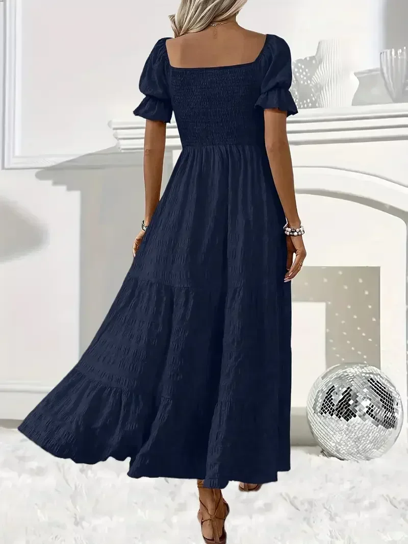 플러스 사이즈 1XL-5XL 새로운 여성 스퀘어 넥 반팔 튜닉 드레스 패션 드레스