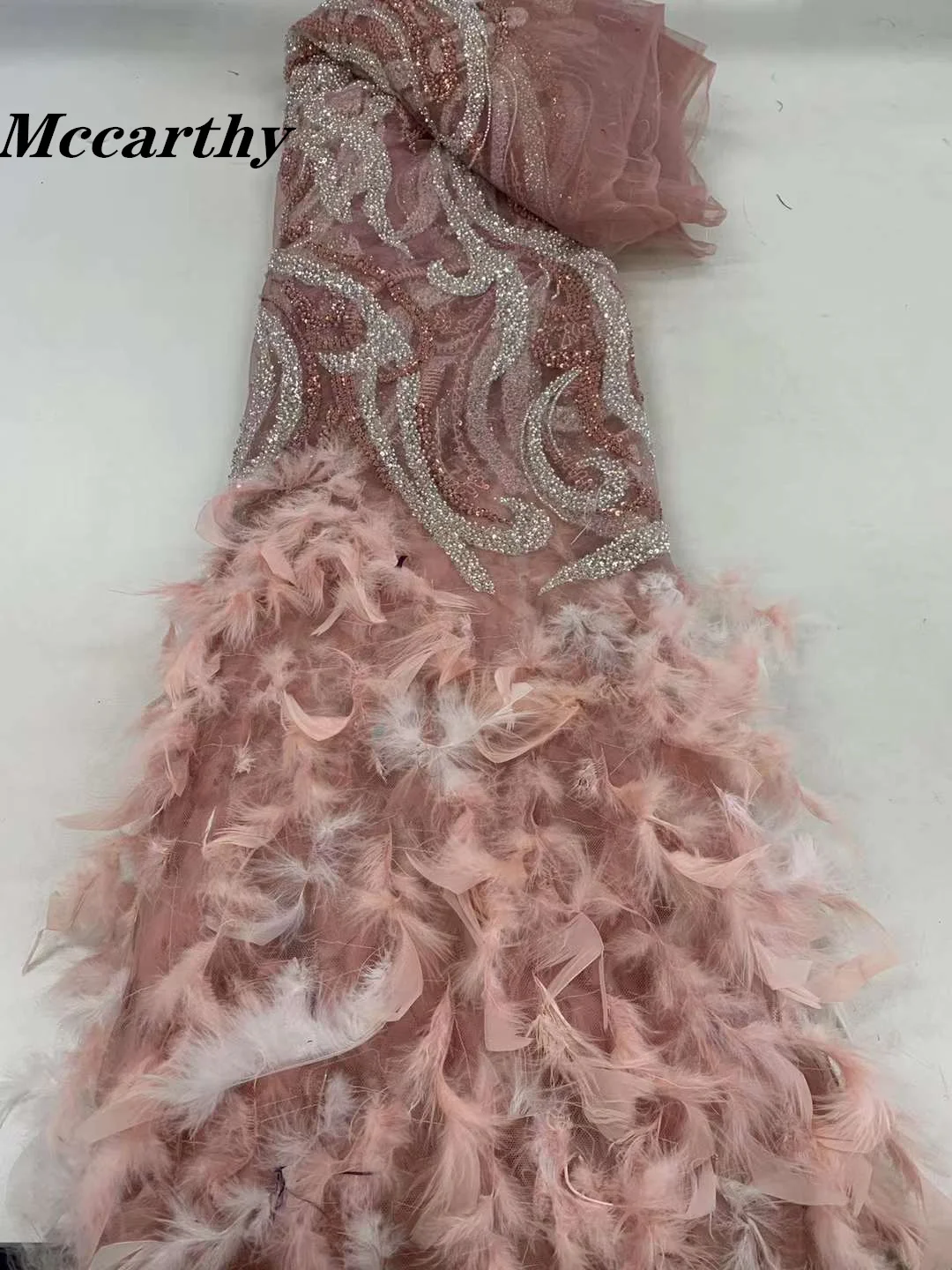 2023 Latest French 3D Feather Beaded Tulle Lace Fabric Fashion Feather Tail African Net Lace Fabrics With Sequins For Dress