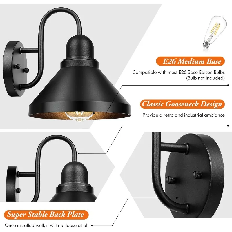 

Gooseneck Outdoor Light Fixtures, 2-Pack Farmhouse Barn Lights For Porch, Industrial Black Exterior Wall Sconce For G
