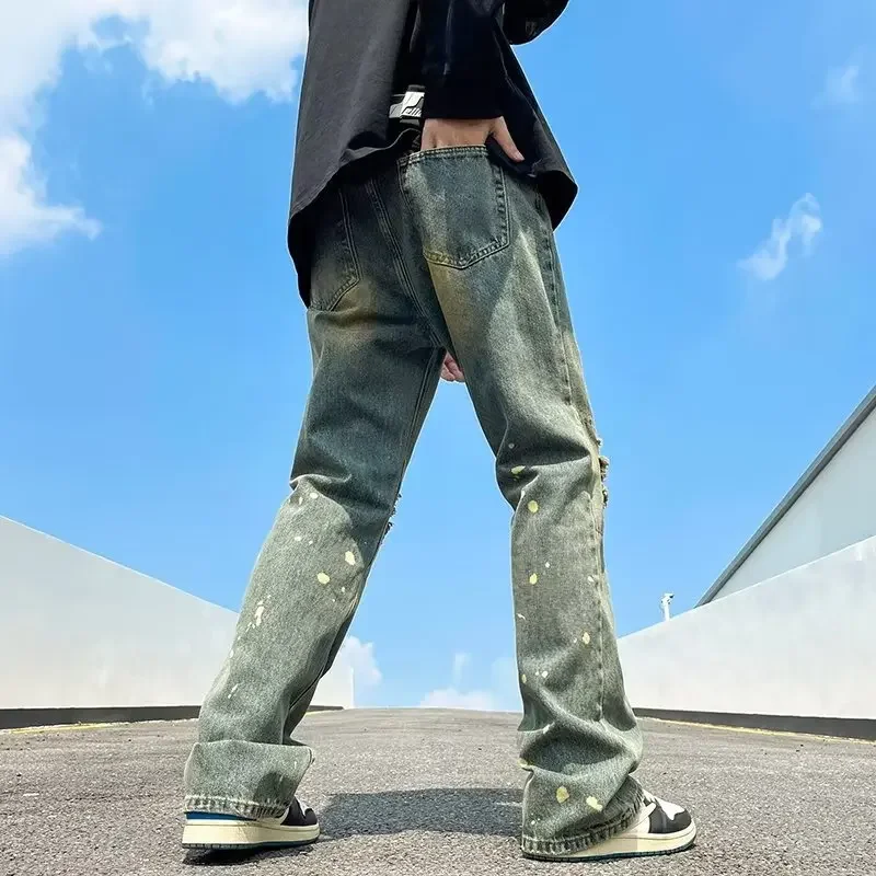 

2024 Y2K Streetwear Vintage Blue Baggy Ripped Jeans Pants For Men Clothing Straight Hip Hop Old Denim Trousers Pantalon Homme