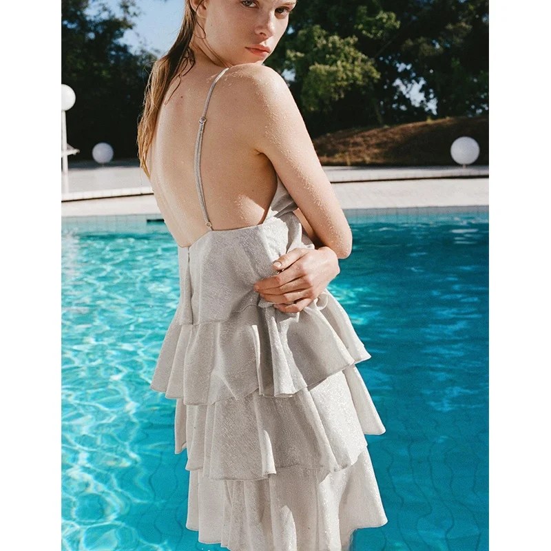 Verão feminino ort dr metal cor emenda v-ne strapl em camadas decoração fibra de poliéster 00% dr 6344