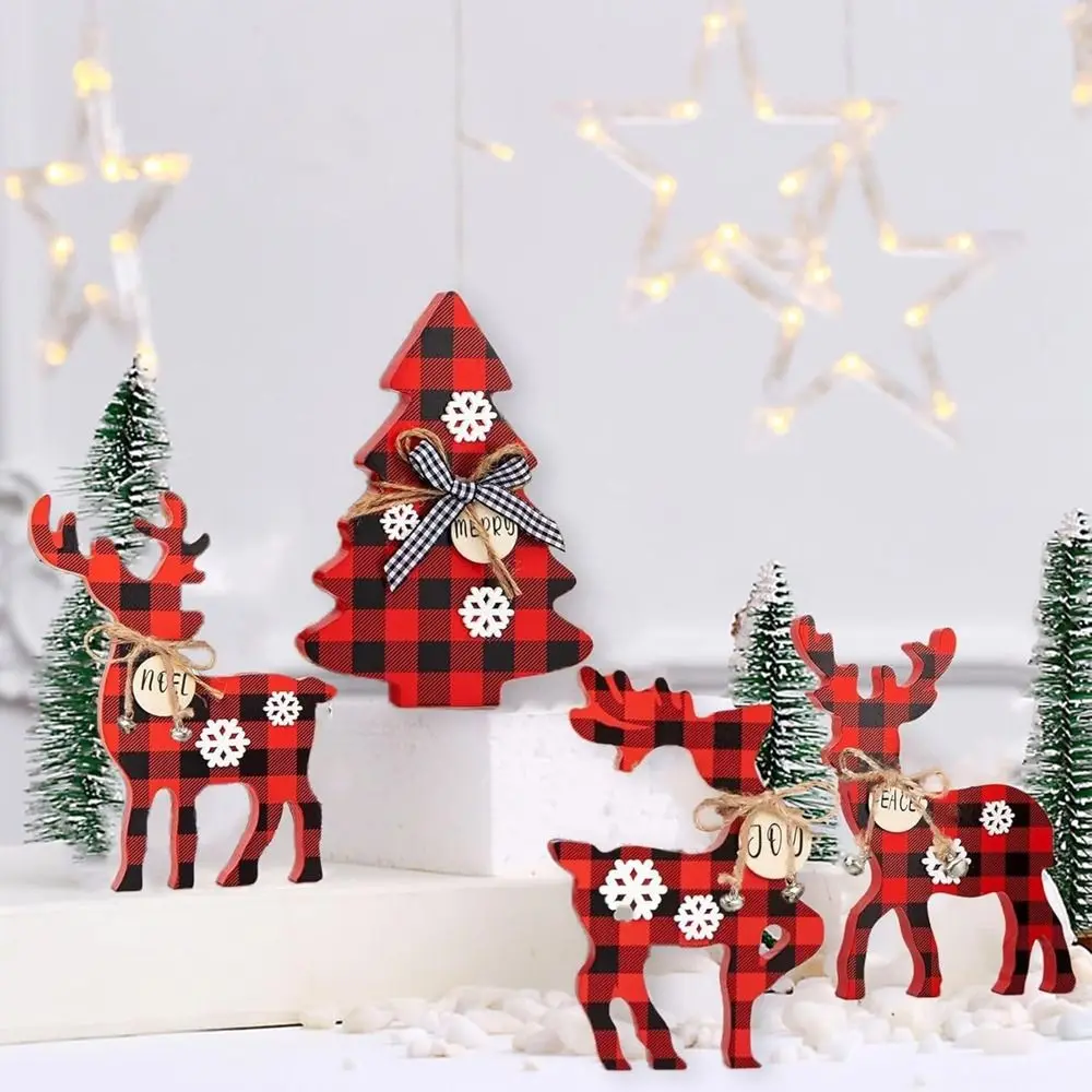 

4Pcs Cute Wooden Christmas Deer Ornament Decorative Exquisite Red Plaid Reindeer Ornament 3D Snowflake Reindeer Decorations DIY