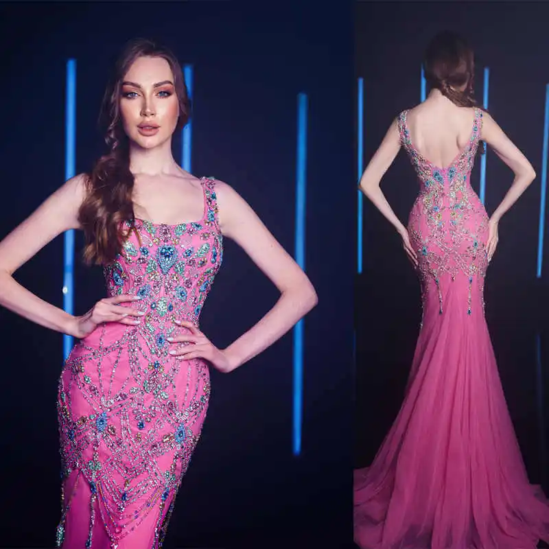 Glamorous Multi-Color Crystal Hot Pink Mermaid Evening Dress Spaghetti Strap Open Back Formal Gown Robes De Soirée Customized