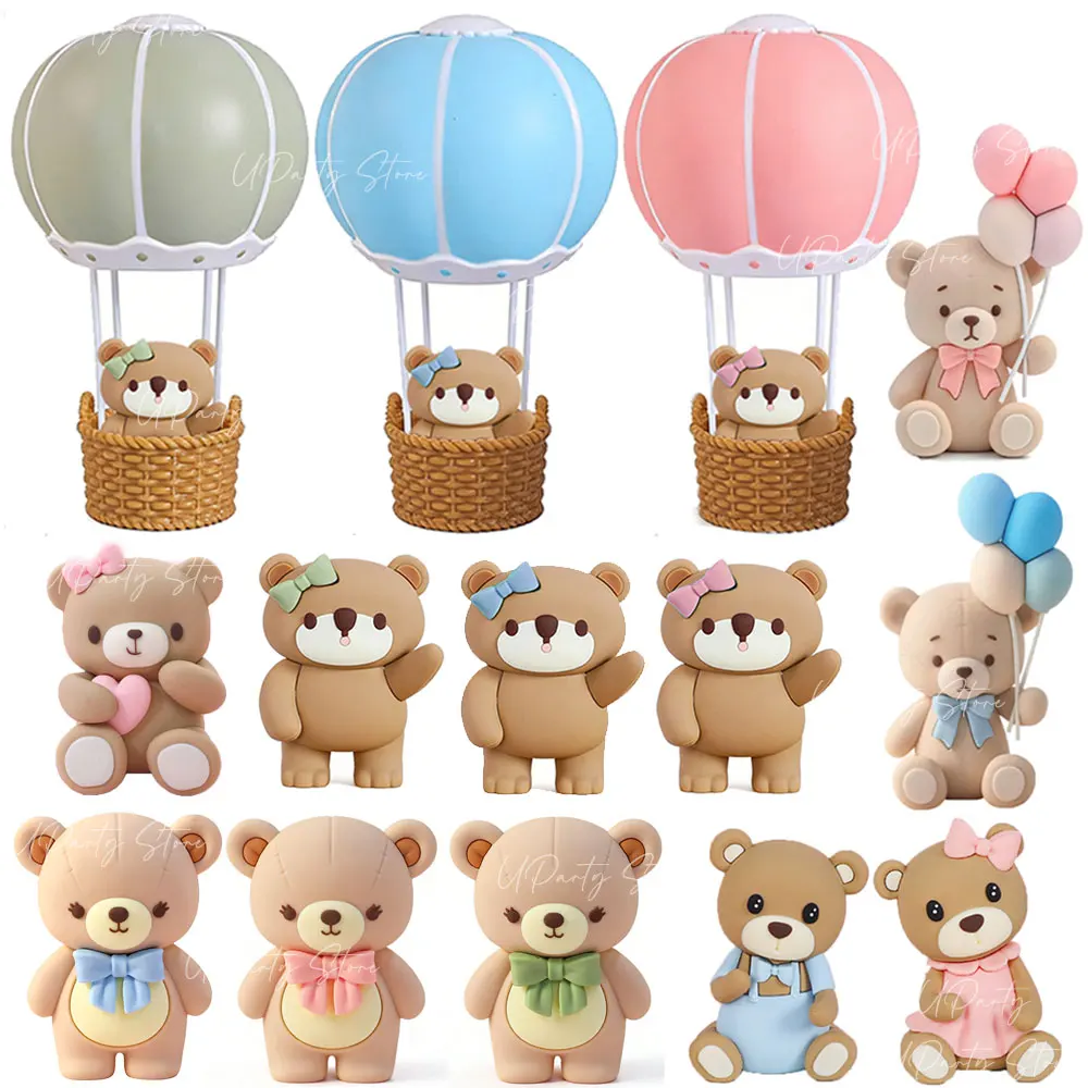 2pcs Bear Hot Air Balloon Cake Decorations Cute Bear Stand Hot Air Balloons Cake Topper for Baby Shower 1st Birthday Party Decor