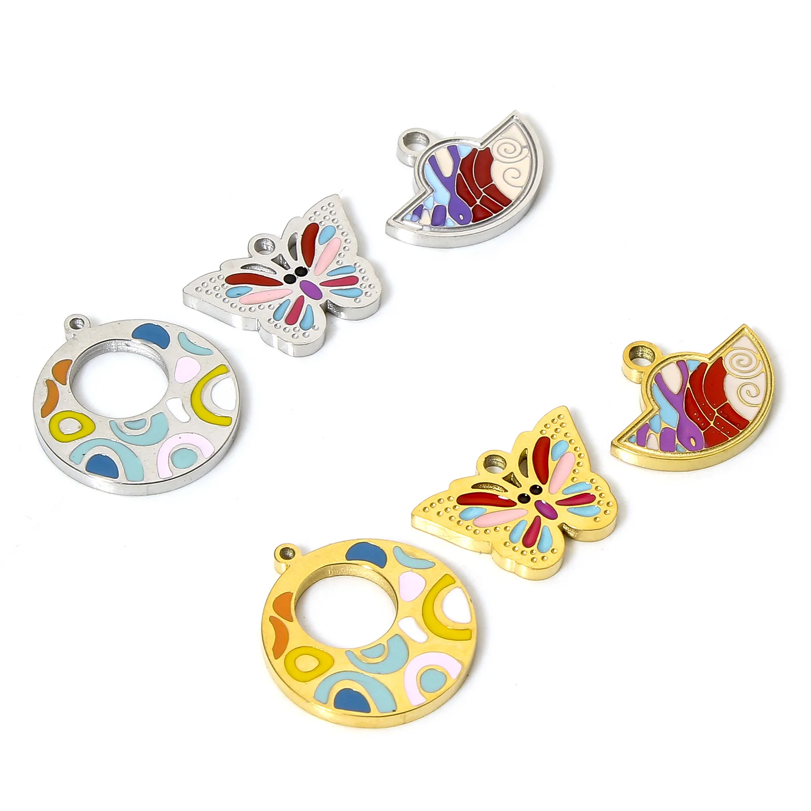 1pc 304 Stainless Steel Butterfly Charms Multicolor Enamel Hollow Round Pendant DIY Necklace Earrings Handmade Jewelry Making