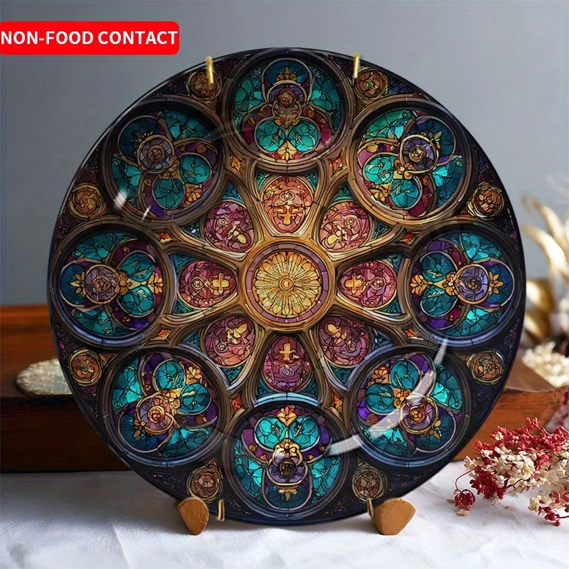 1pc Colorful Glass Art Decorative Plate Round Stained Glass Pattern Home Wall Decoration Ornament Non-Food Contact Living Room