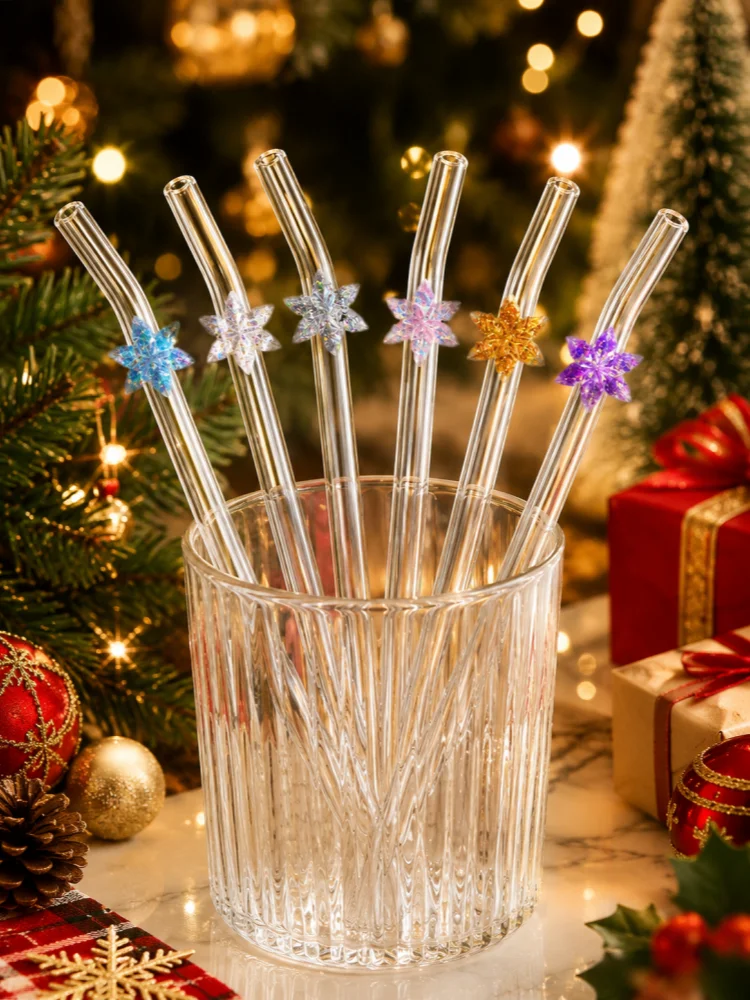 3/6PCS Snowflake Decor Bent Glass Straw Reusable, for Party Wedding Kitchen, Holiday Gift, Christmas Halloween Thanksgiving