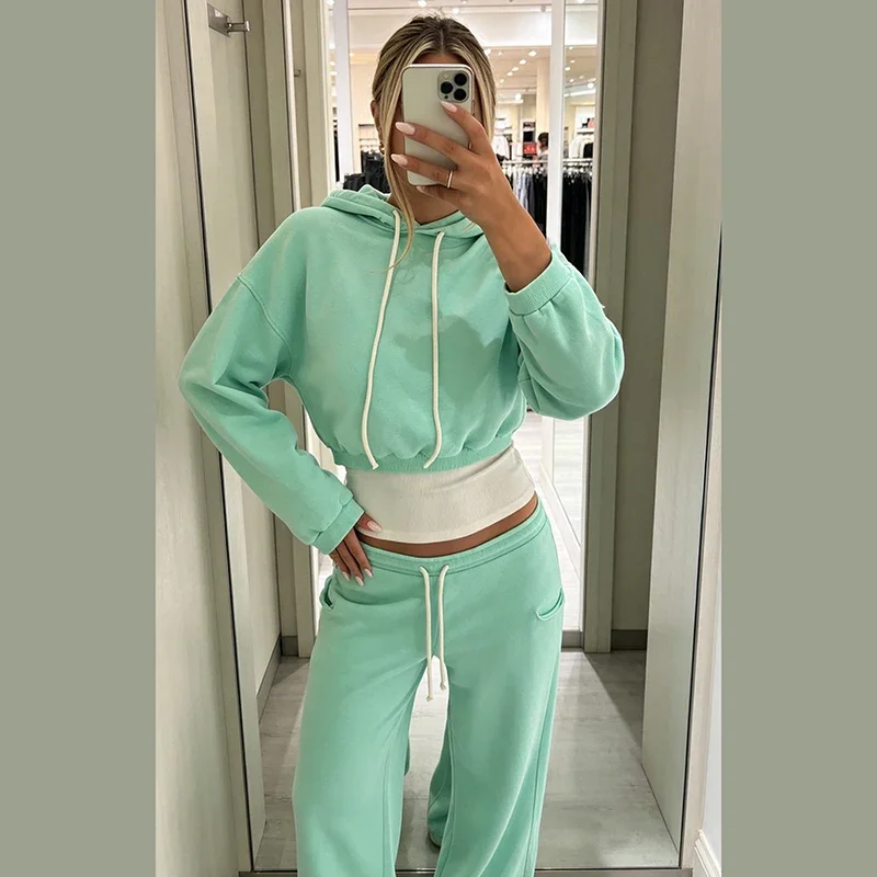 Casual Fluorescent Women's Two Piece Set Full Sleeve Short Hoodie Wide Leg Drawstring Trousers Autumn Daily Loungewear Outfit