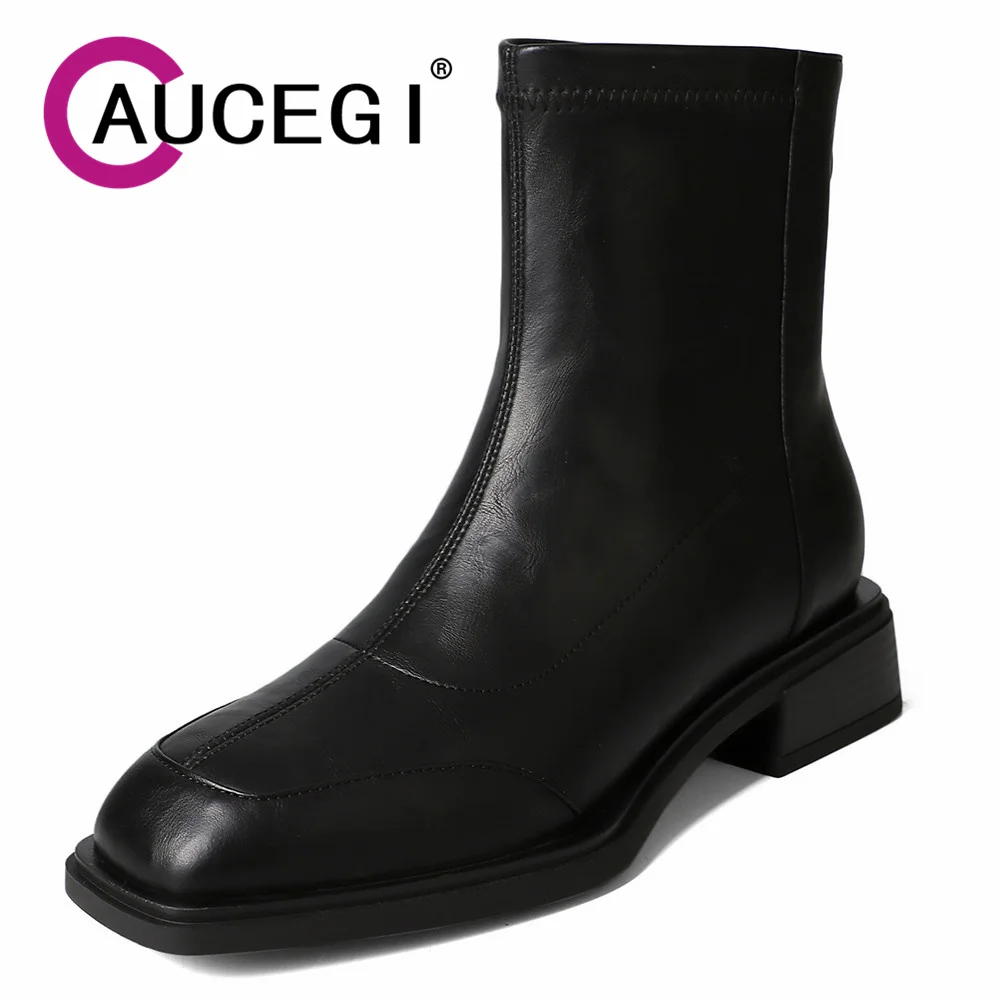 

Aucegi/Новые женские ботильоны из натуральной кожи с квадратным носком в стиле ретро, модная удобная осенне-зимняя обувь на массивном каблуке с молнией сзади