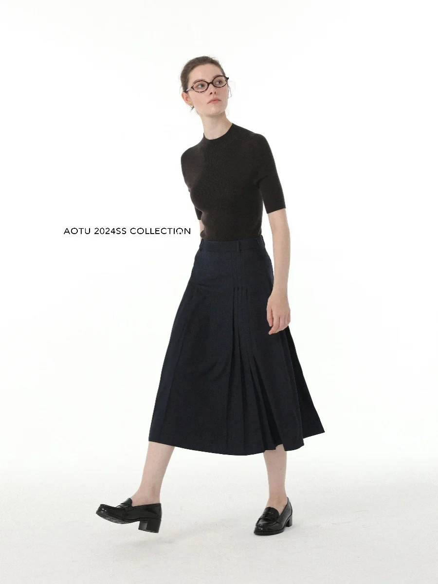 

AOTU Heavy Industry Accordion Vintage k Blue Pleated Skirt Spring Summer f Skirt Cred Line Polyester Cotton Spandex