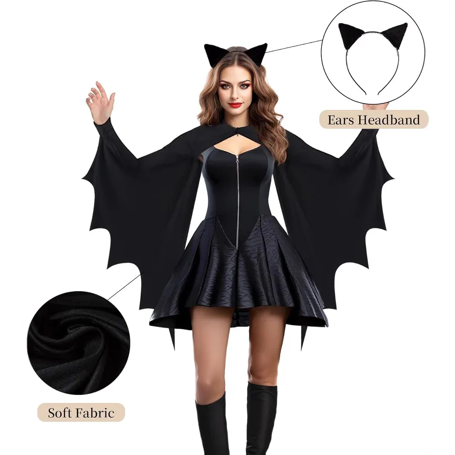 Unisex Adult Halloween Costume Vampire Devil Cosplay Wicked Witch Gothic Carnival Joker Cloak Bat Wings Ghost Cape with Ear