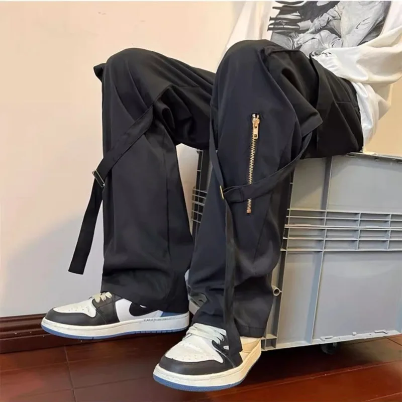 

Juspinice American Retro Solid Cargo Trousers for Men's Summer Straps Multi-pocket Design Loose Casual Elastic Straight Pants