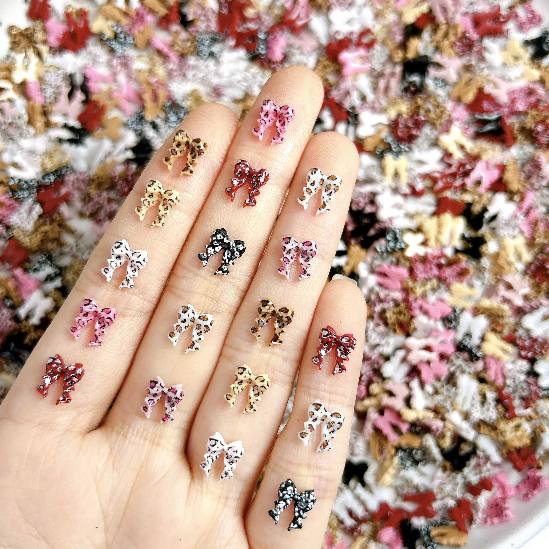 30PCS Mixed Colors Leopard Print Nail Art Bow Tie Charms Accessories Resin Parts For Nails Decoration Manicure Supplies Material