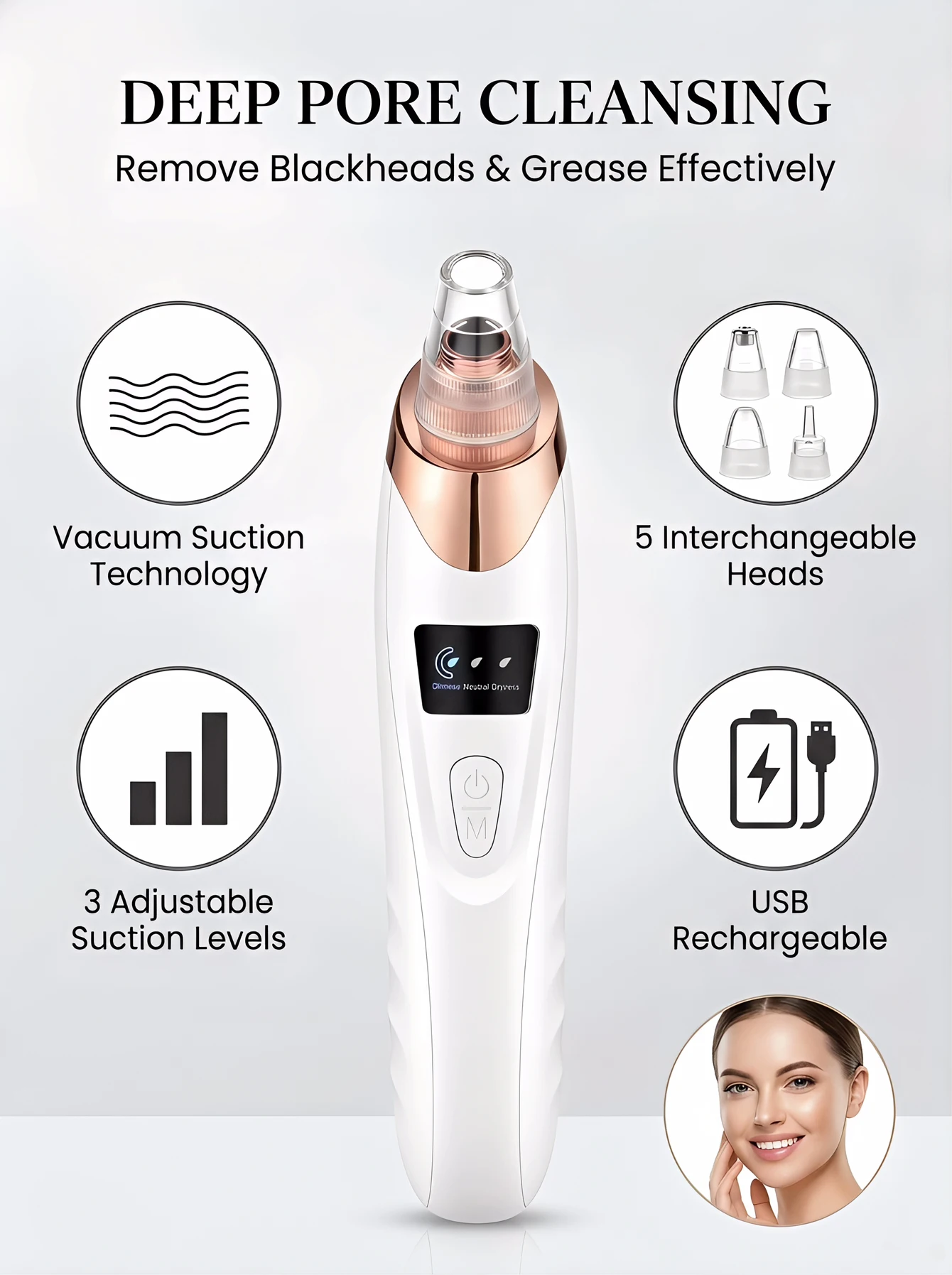 Removedor de Cravos Elétrico para Cuidados Faciais com Sucção a Vácuo para Limpeza Profunda dos Poros com 5 Níveis de Potência