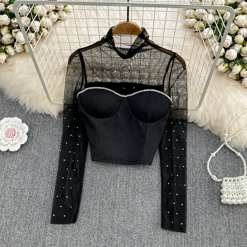 

Celebrity Style Standing Neck Mesh Pin Bead Splice Slim Fit Shirt Women's Fashionable and Unique Short Top with Chest Cushion