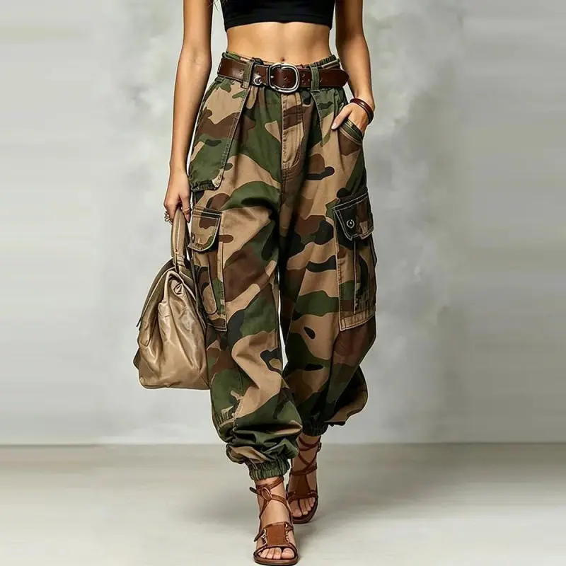 Camouflage Cargo Pants For Women Casual High Waist Loose Tightened Nine-point Pants Women's Trendy Multiple Pockets Harem Pants