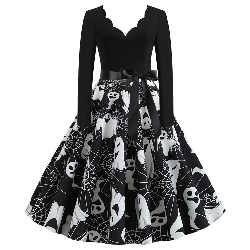 Gothic Dress Halloween Pumpkin Print Long Sleeve Retro Swing Gown Women Party Cosplay Skirt Festive Vintage Attire Halloween T1