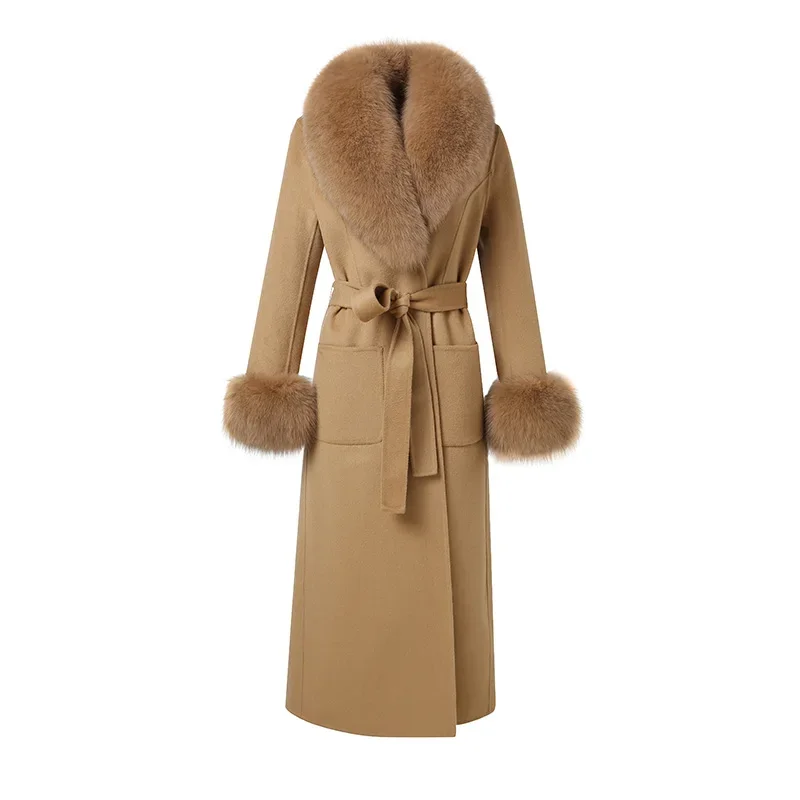 2024 New Wool Coats For Women Autumn Winter Trench Coats With Fox Collar Cuff Full Sleeve Belt Long Outerwear QN5442