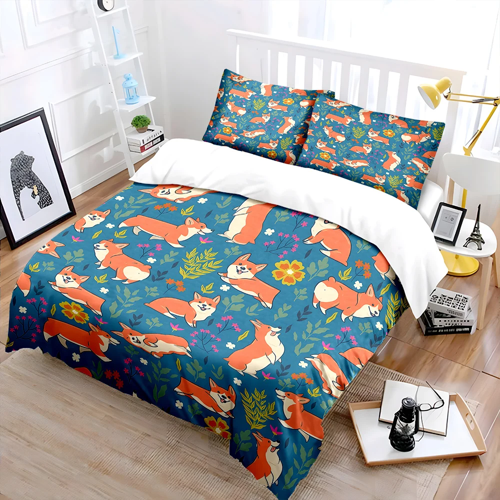 Cute corgis with floral Pattern Duvet Cover Set Digital Print Colorful Polyester Bedding with Zipper Closur for kids gifts