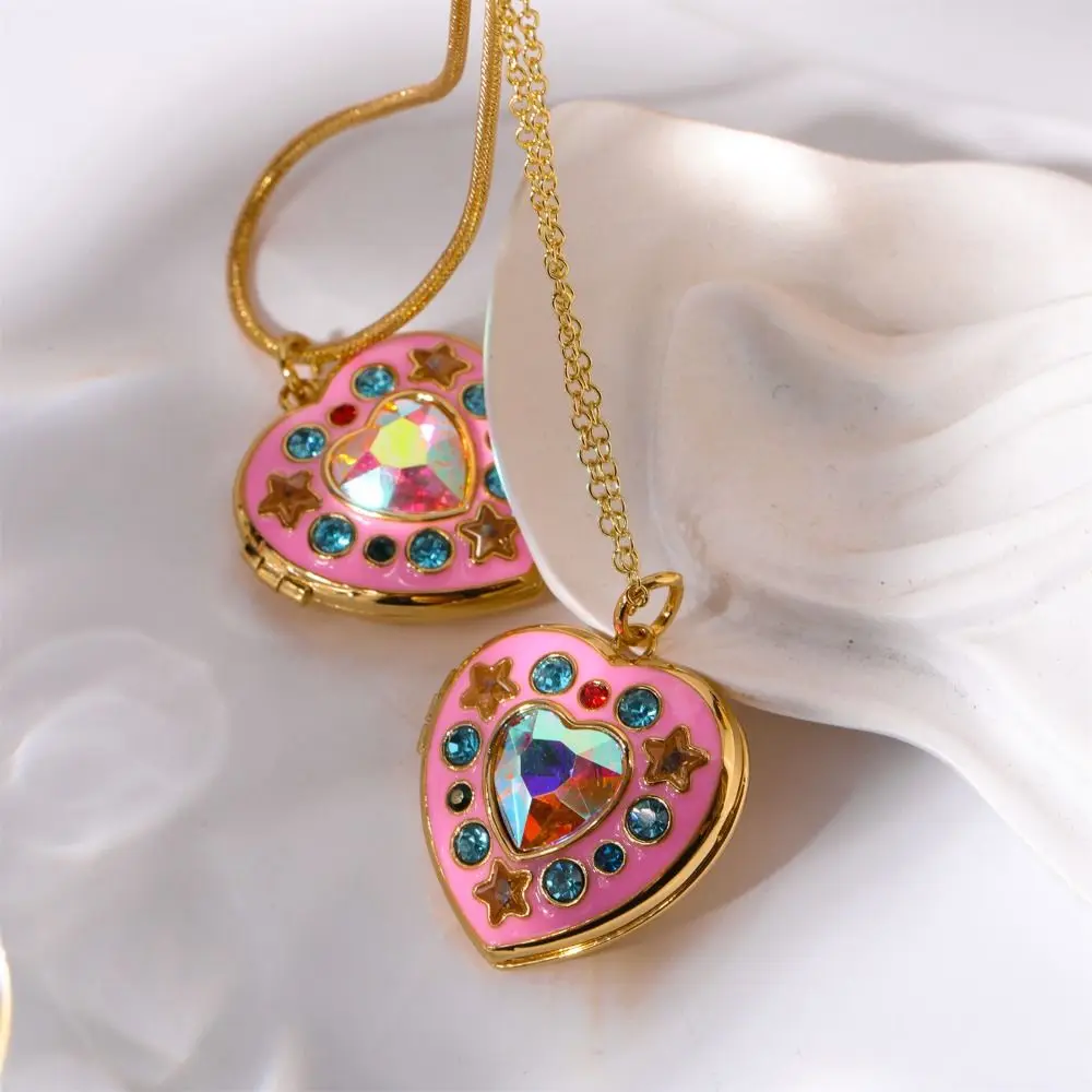 Openable Heart Necklace Pink White Non-Tarnish Full Zircon Necklace Dopamine Photo Album Heart Star Pendant Women Ladies