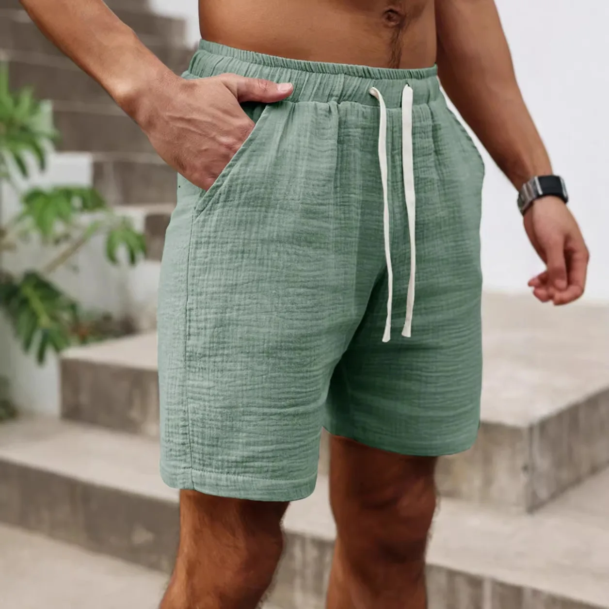 Men's Cotton Linen Shorts Solid Color drawstring Comfortable Breathable Summer Casual Beach Bermuda Shorts for men