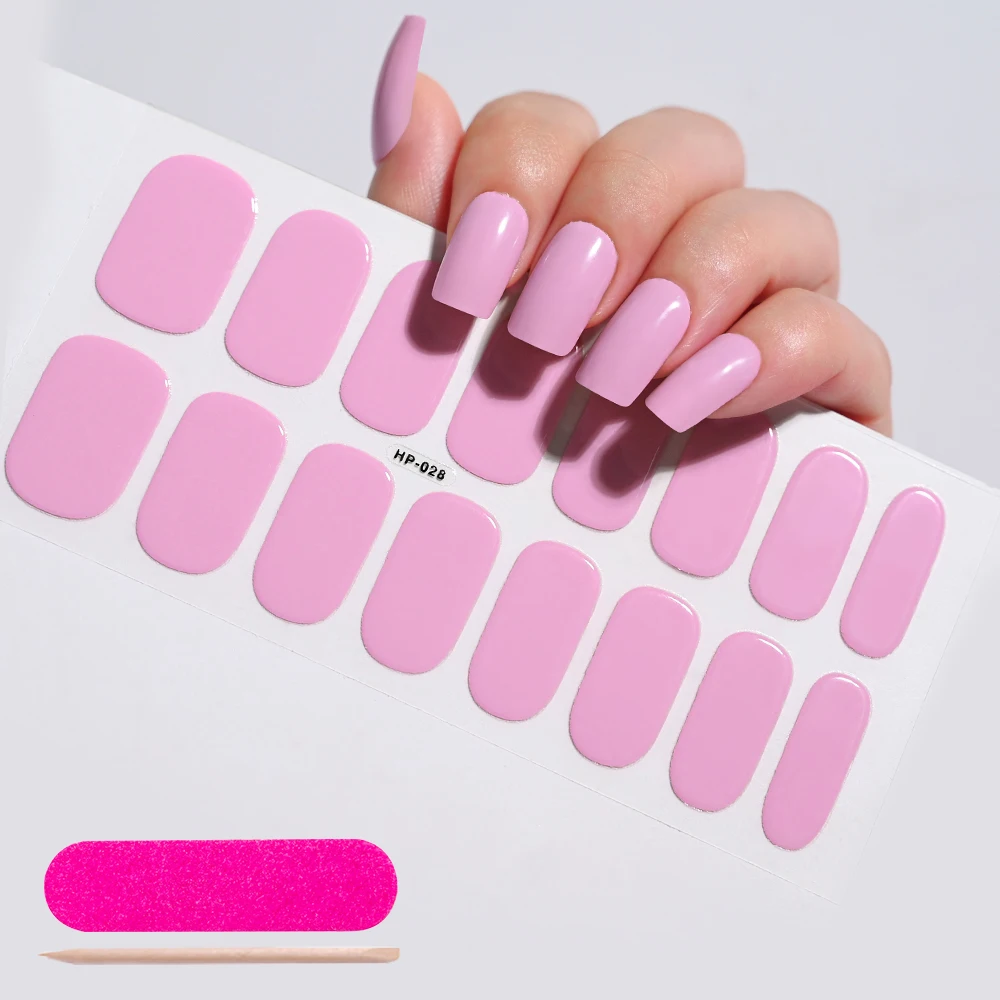 1Sheet/16Tips Semi-Cured UV Gel Nail Art Stickers Oval Solid Colord UV/Led Lamp Decals+1File&Stick Full Cover Nails Polish Wraps