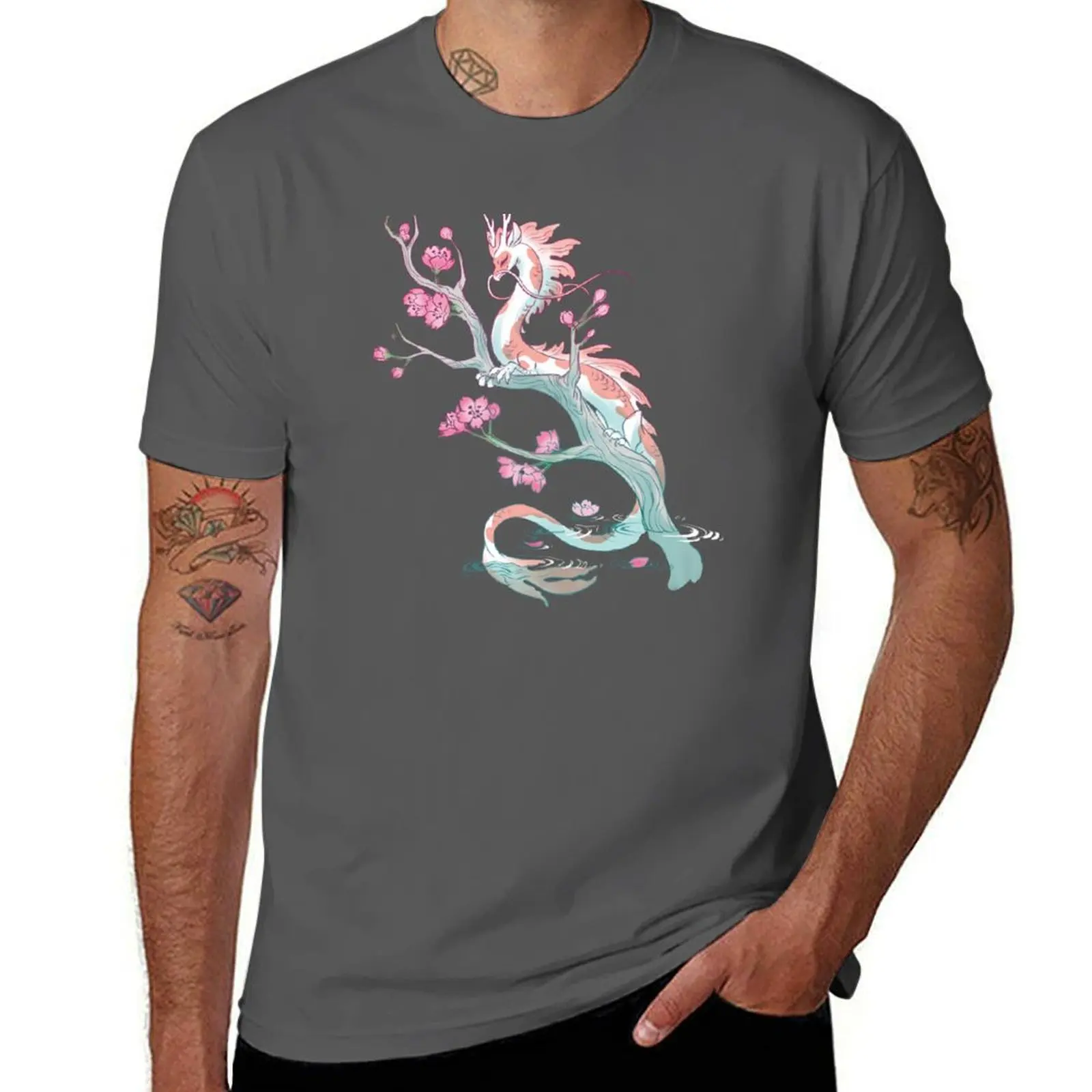 Koi Dragon Serene Sakura T-Shirt cotton man t-shirts street wear kawaii clothes summer 2025 Men's t shirts